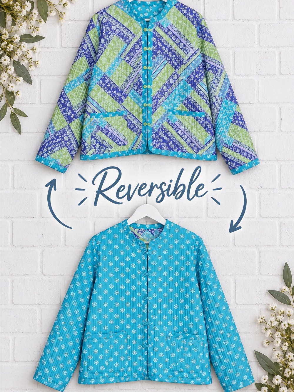 🩵 AppleSeed’s Limited Edition Reversible Quilted Jacket Blue Floral L